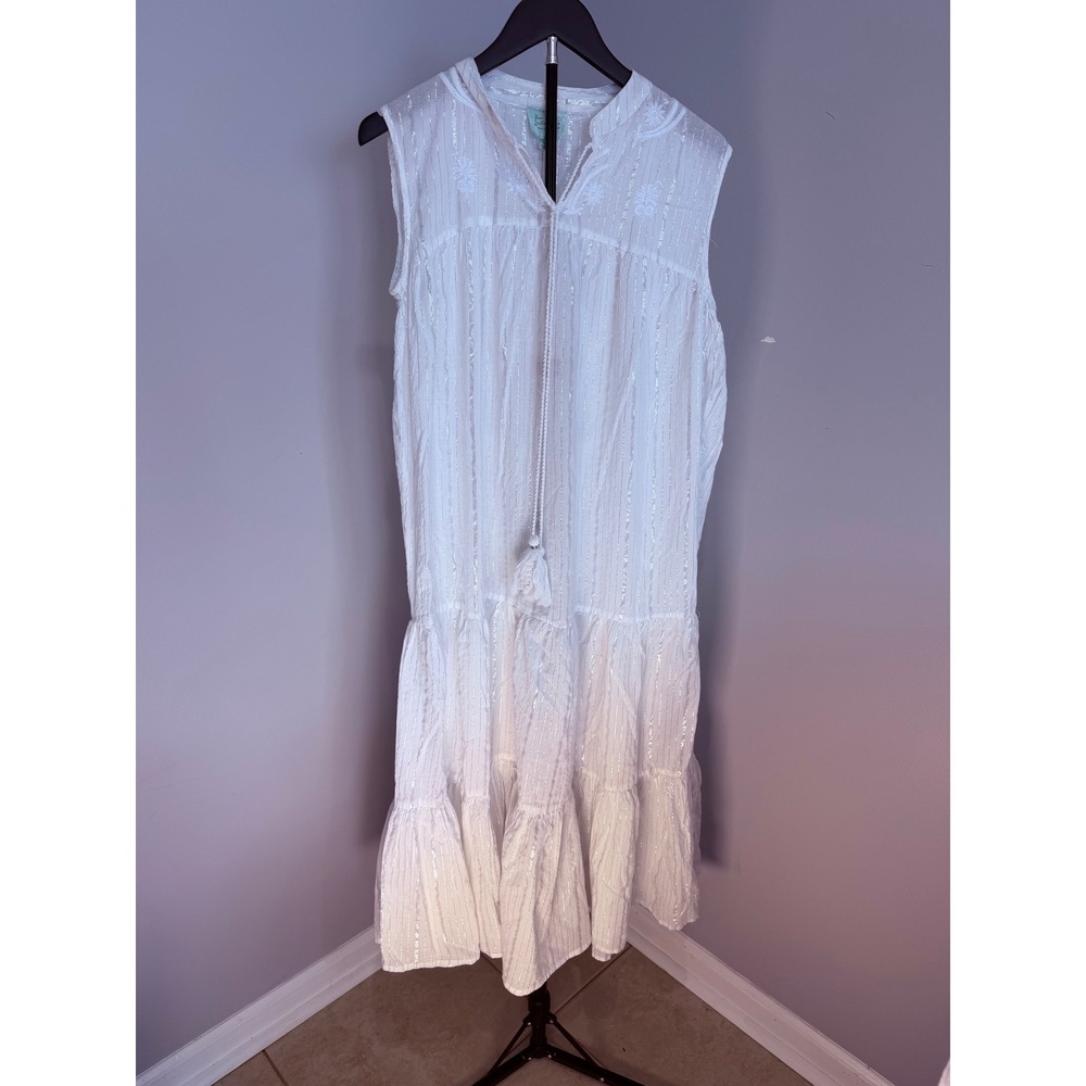 True Destinations Dress Womens Medium White Silver Metallic Tiered Boho Coastal